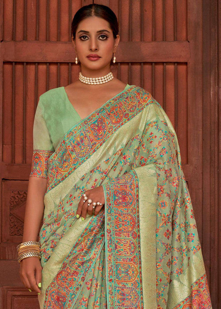 Pastel Green Banarasi Kora Silk Saree with Pashmina Weaving & Zari Border Pallu | Stitched Blouse - qivii