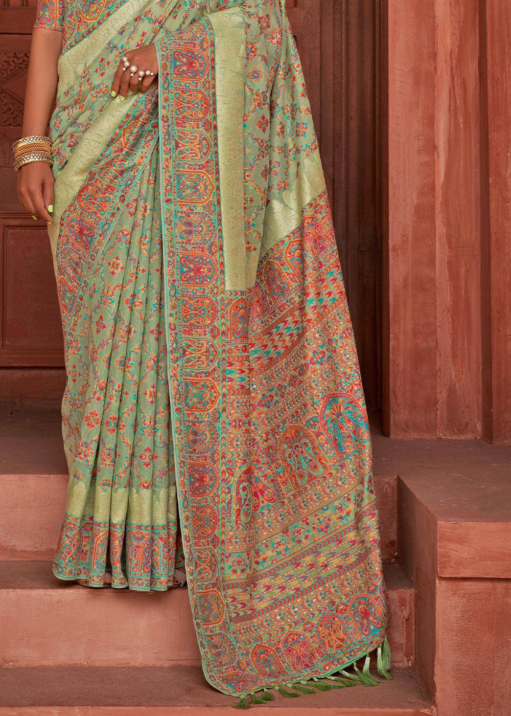 Pastel Green Banarasi Kora Silk Saree with Pashmina Weaving & Zari Border Pallu | Stitched Blouse - qivii