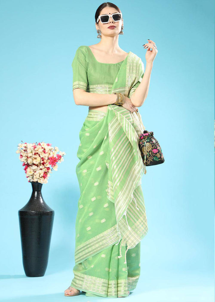 Pastel Green Chikankari Weaving Cotton Saree | Stitched Blouse - qivii