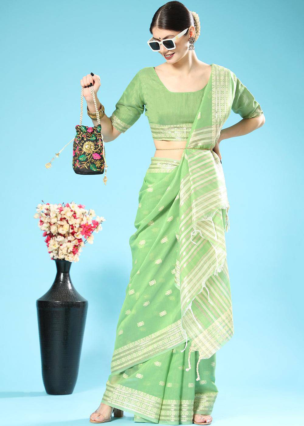 Pastel Green Chikankari Weaving Cotton Saree | Stitched Blouse - qivii