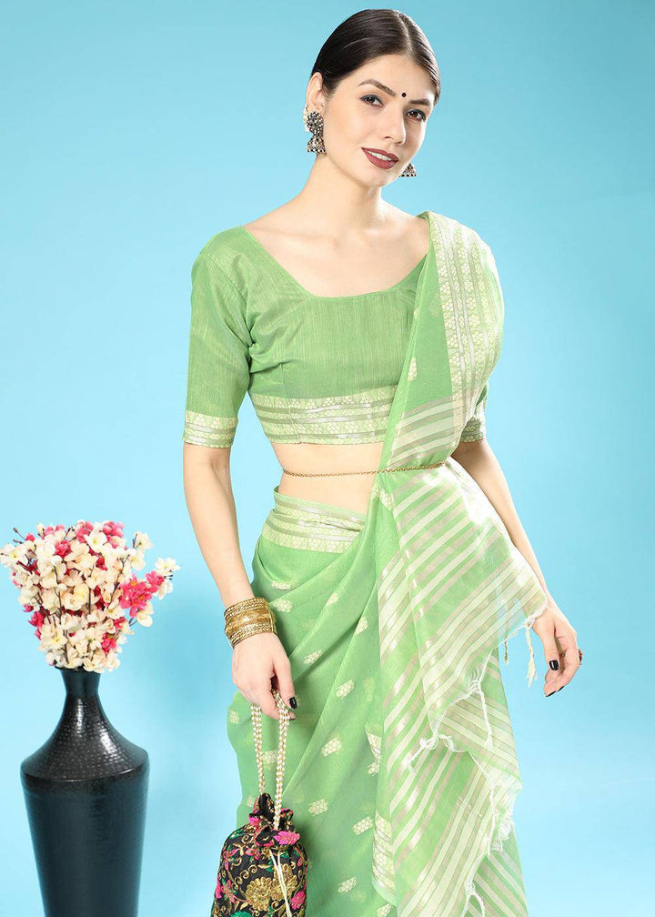 Pastel Green Chikankari Weaving Cotton Saree | Stitched Blouse - qivii