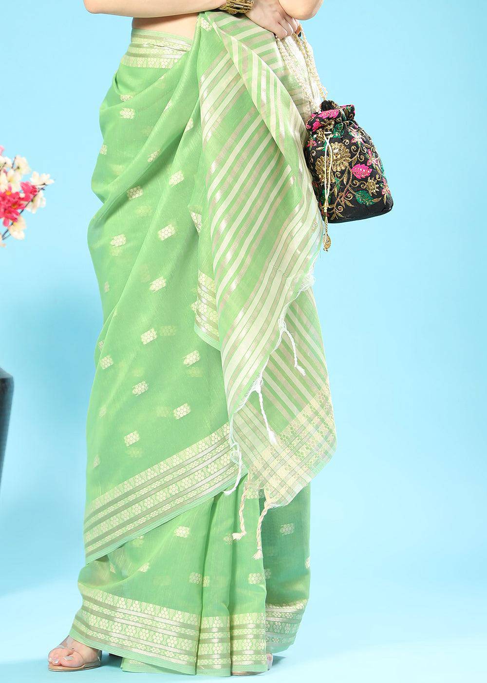 Pastel Green Chikankari Weaving Cotton Saree | Stitched Blouse - qivii