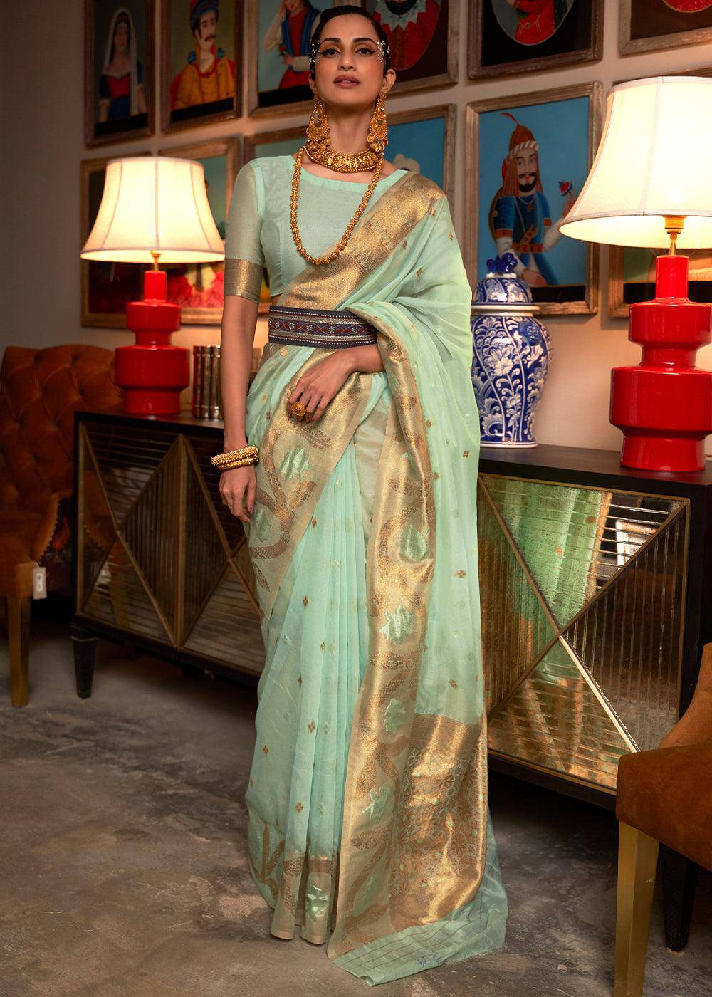 Pastel Green Copper Zari Handloom Woven Silk Saree | Stitched Blouse - qivii