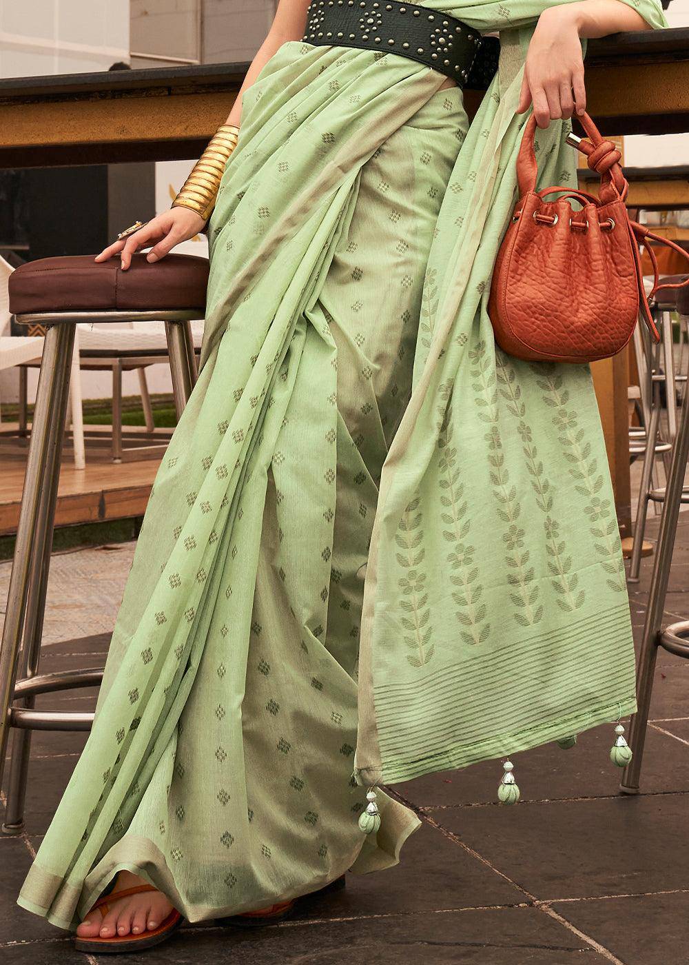 Pastel Green Handloom Weaving Banarasi Cotton Silk Saree | Stitched Blouse - qivii