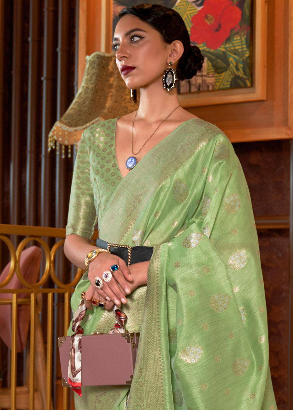 Pastel Green Handloom Weaving Tussar Silk Saree | Stitched Blouse - qivii