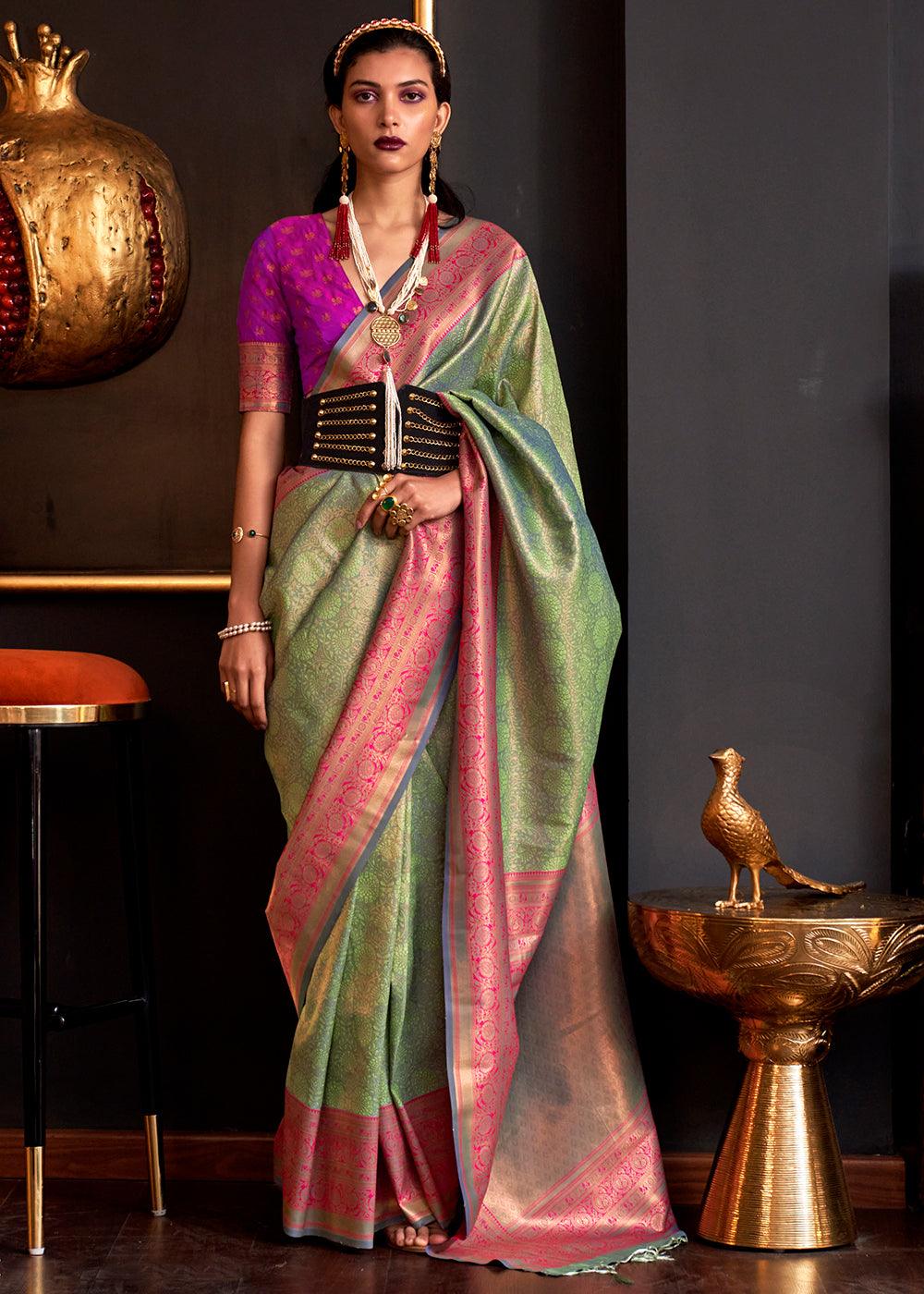 Pastel Green Handloom Woven Designer Silk Saree - qivii