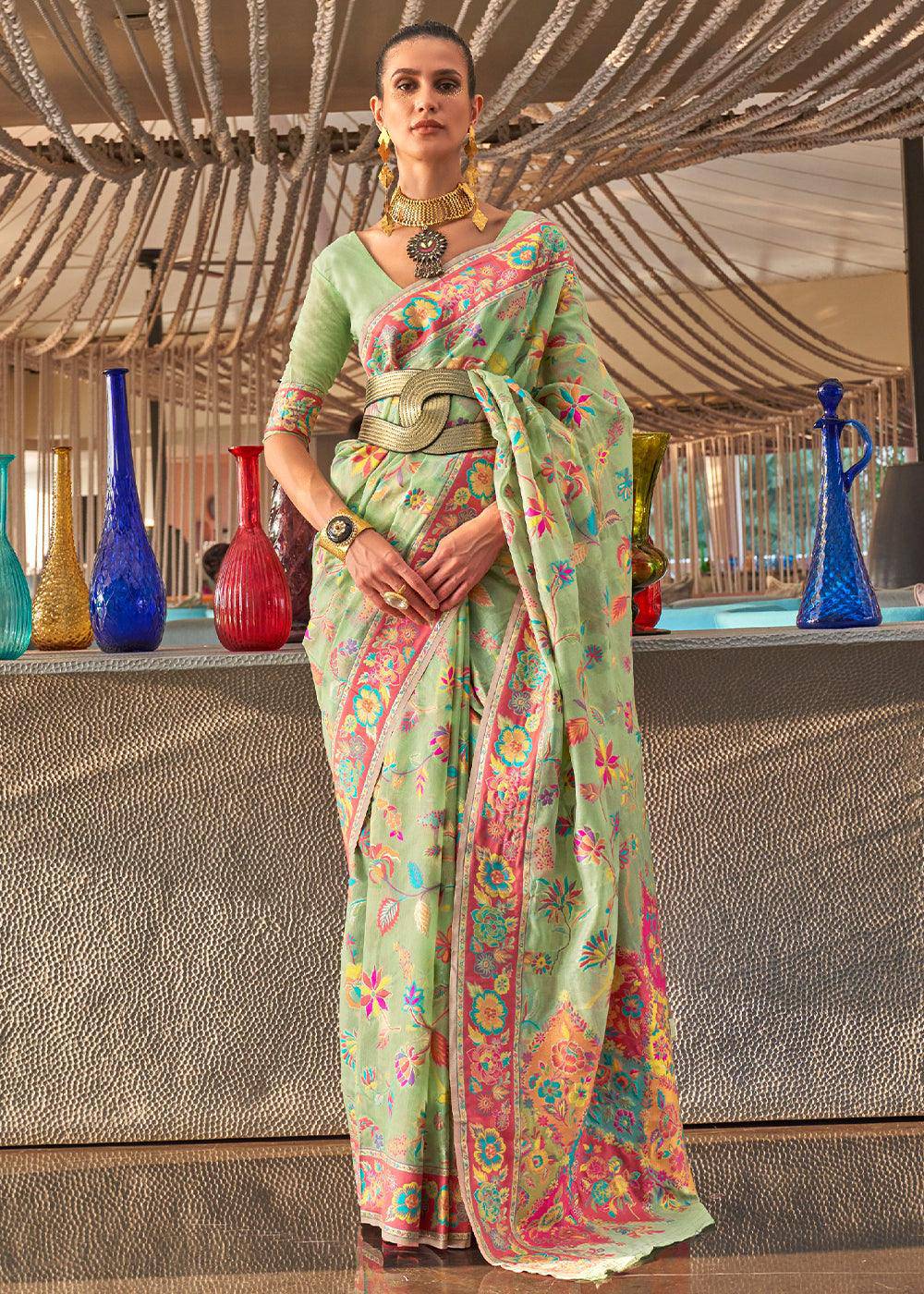 Pastel Green Jamawar Woven Cotton Silk Saree | Stitched Blouse - qivii