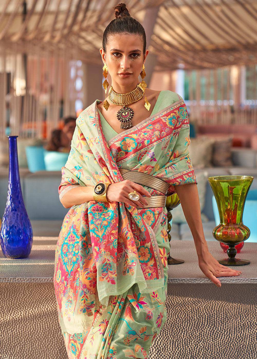 Pastel Green Jamawar Woven Cotton Silk Saree | Stitched Blouse - qivii