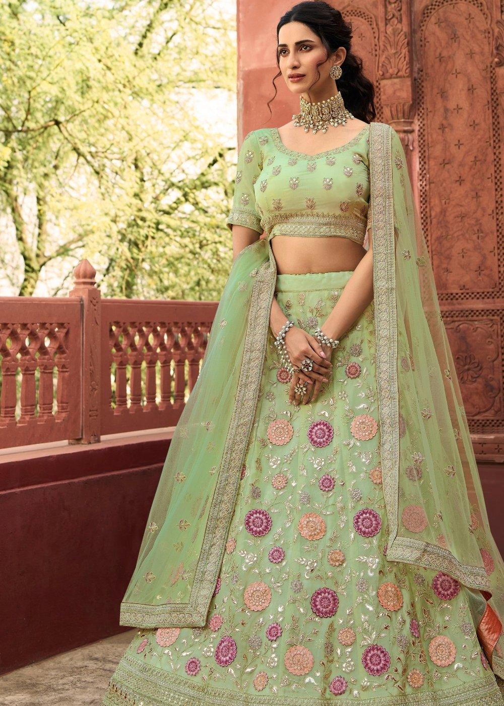 Pastel Green Organza Lehenga Choli with Dori, Thread & Zarkan work - qivii