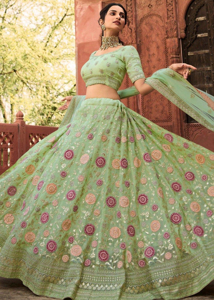 Pastel Green Organza Lehenga Choli with Dori, Thread & Zarkan work - qivii