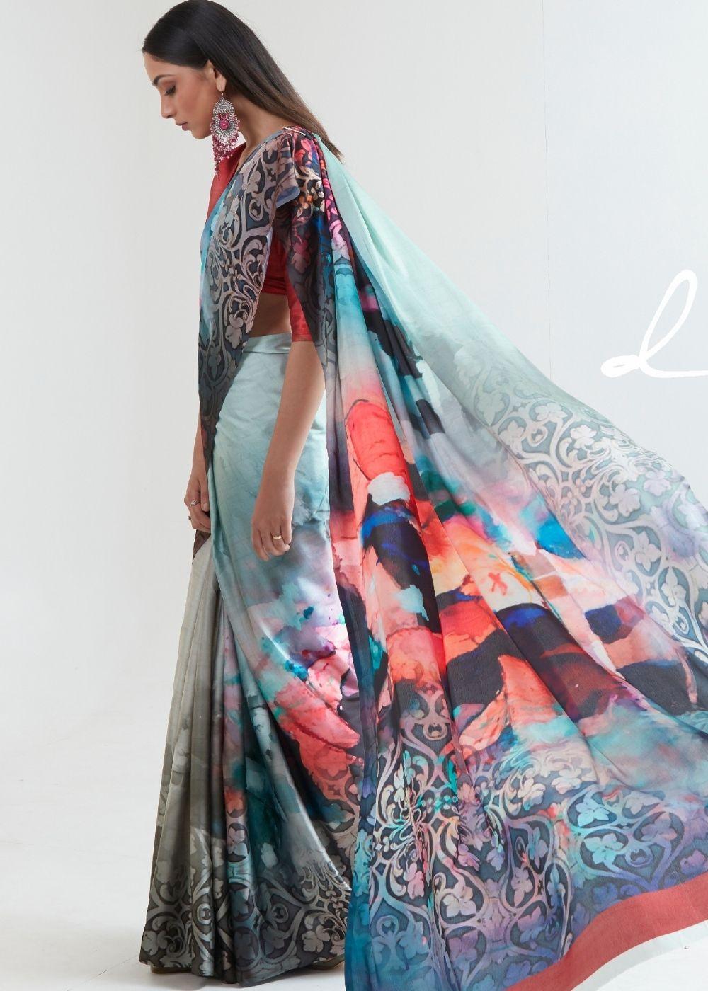 Pastel Green Satin Silk Digital Printed Saree | Stitched Blouse - qivii