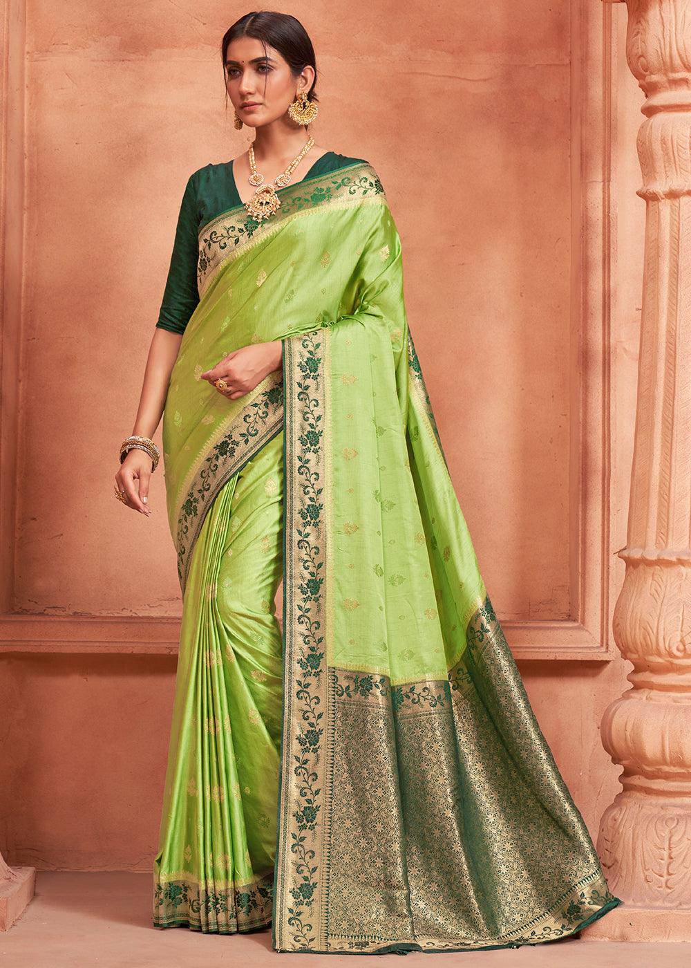 Pastel Green Satin Silk Saree with Overall Butti work | Stitched Blouse - qivii