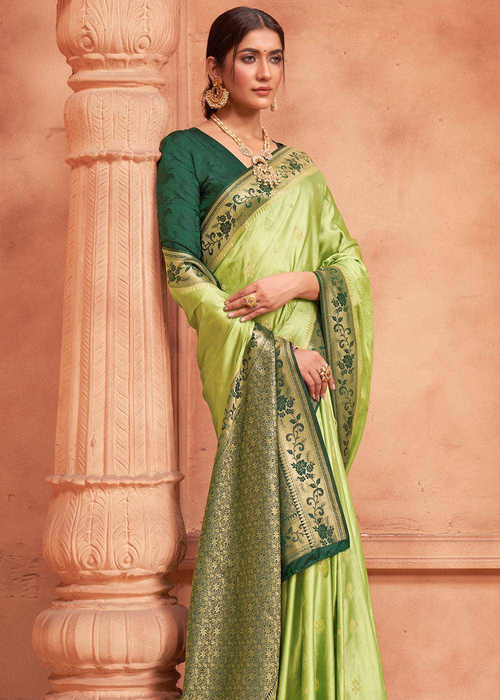 Pastel Green Satin Silk Saree with Overall Butti work | Stitched Blouse - qivii