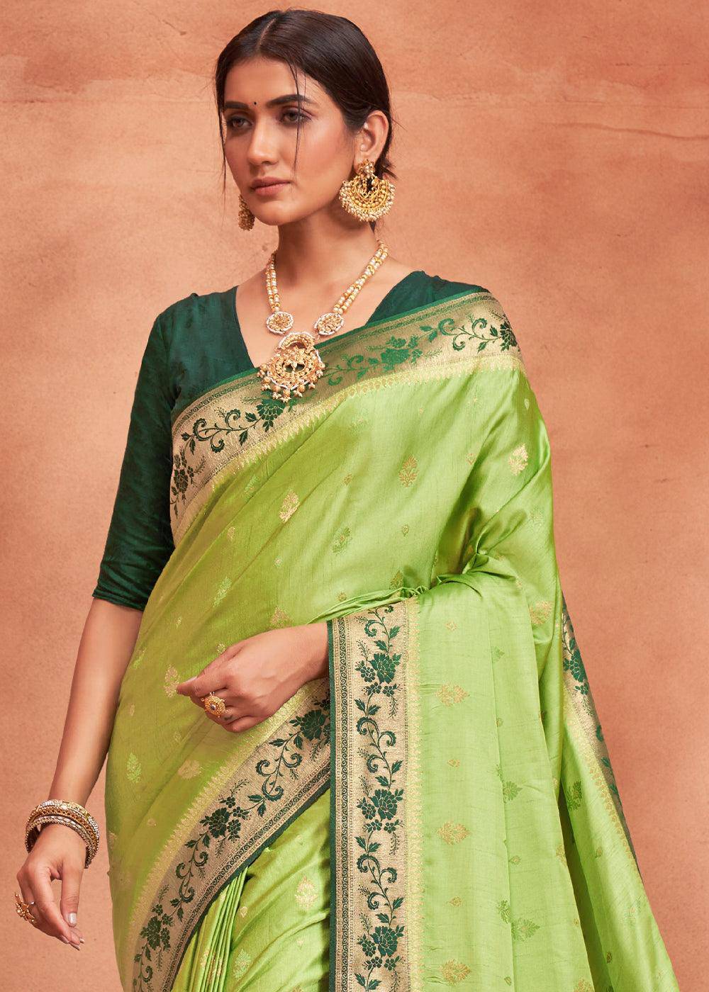 Pastel Green Satin Silk Saree with Overall Butti work | Stitched Blouse - qivii