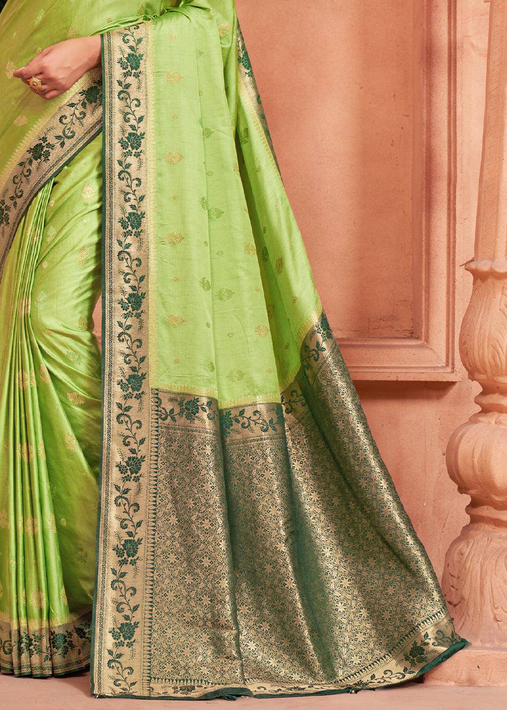 Pastel Green Satin Silk Saree with Overall Butti work | Stitched Blouse - qivii