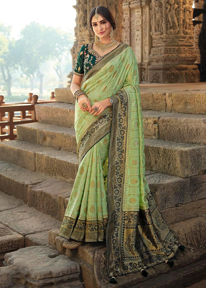 Pastel Green Woven Banarasi Silk Saree with Embroidered Blouse | Stitched Blouse - qivii