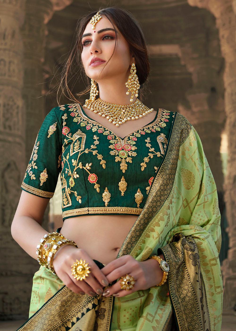 Pastel Green Woven Banarasi Silk Saree with Embroidered Blouse | Stitched Blouse - qivii