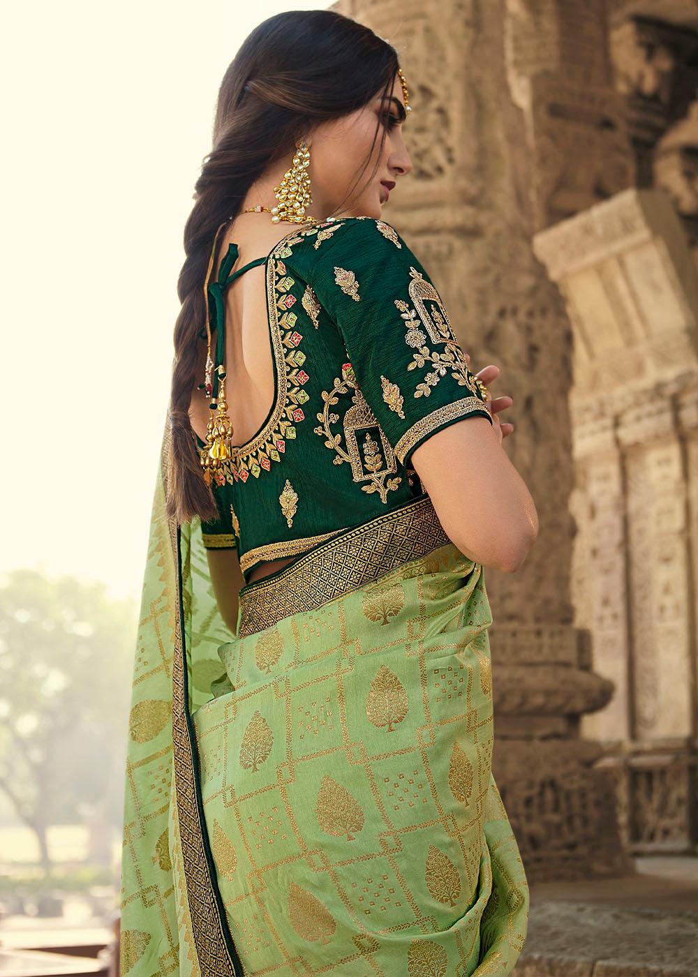 Pastel Green Woven Banarasi Silk Saree with Embroidered Blouse | Stitched Blouse - qivii