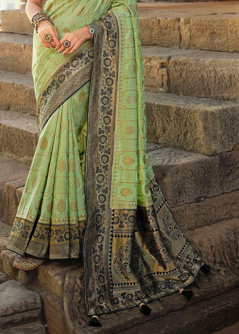 Pastel Green Woven Banarasi Silk Saree with Embroidered Blouse | Stitched Blouse - qivii