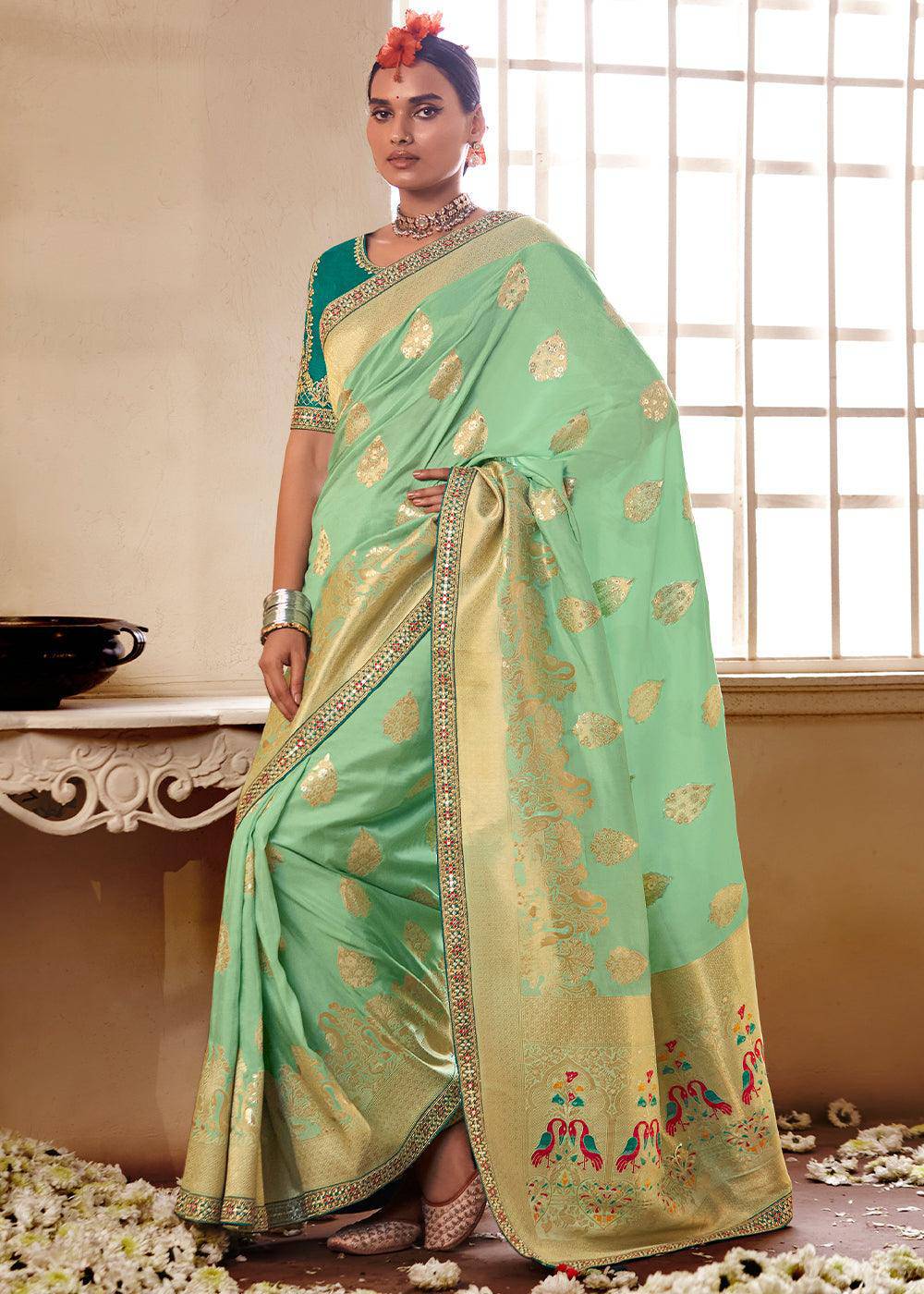 Pastel Green Woven Dola Silk Saree with Contrast Embroidered Border | Stitched Blouse - qivii