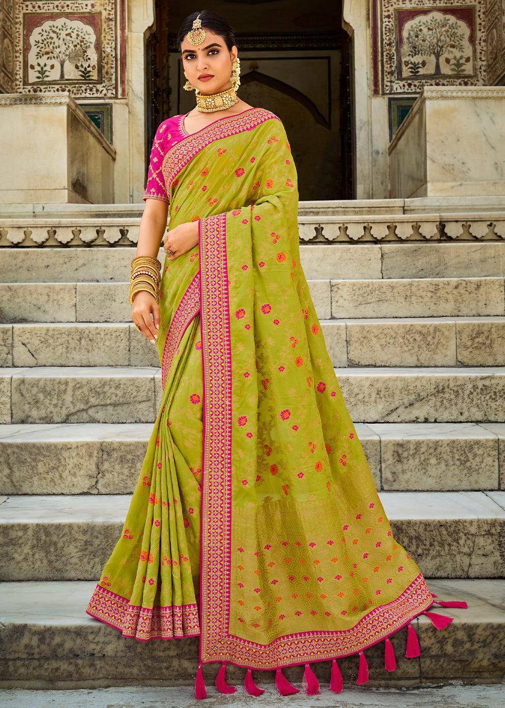 Pastel Green Woven Dola Silk Saree with Embroidered Blouse | Stitched Blouse - qivii