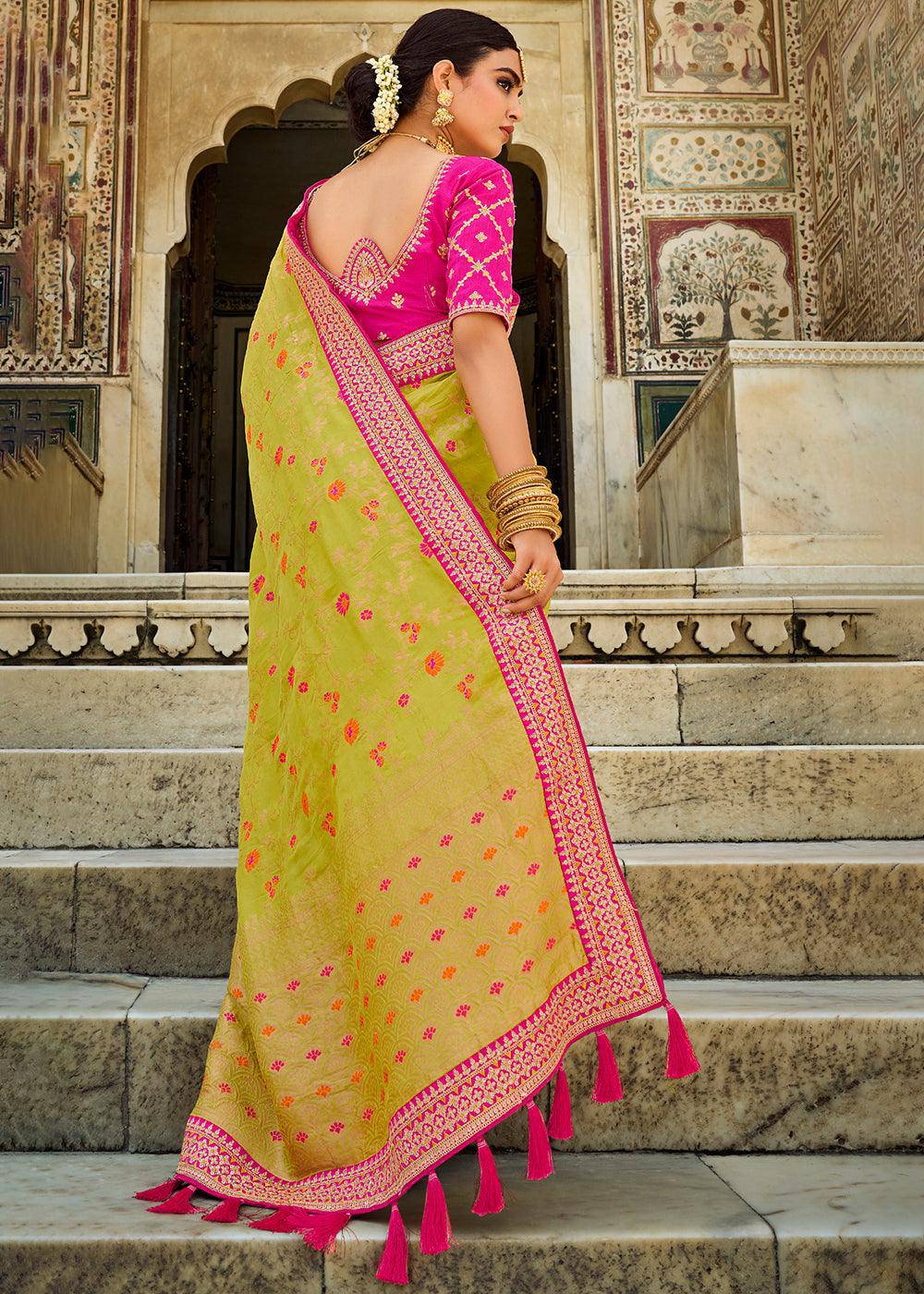 Pastel Green Woven Dola Silk Saree with Embroidered Blouse | Stitched Blouse - qivii