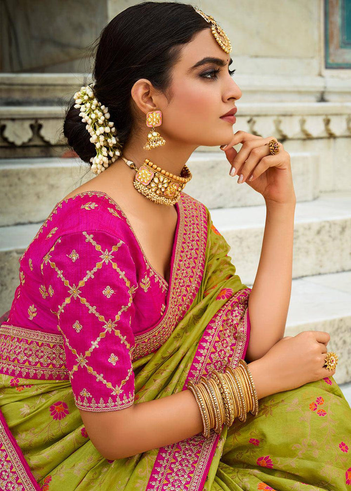 Pastel Green Woven Dola Silk Saree with Embroidered Blouse | Stitched Blouse - qivii