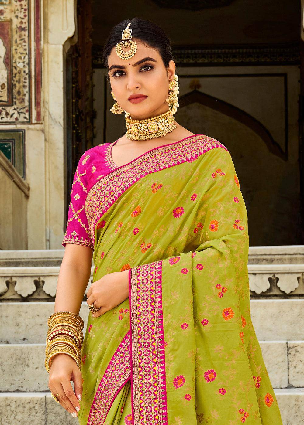 Pastel Green Woven Dola Silk Saree with Embroidered Blouse | Stitched Blouse - qivii