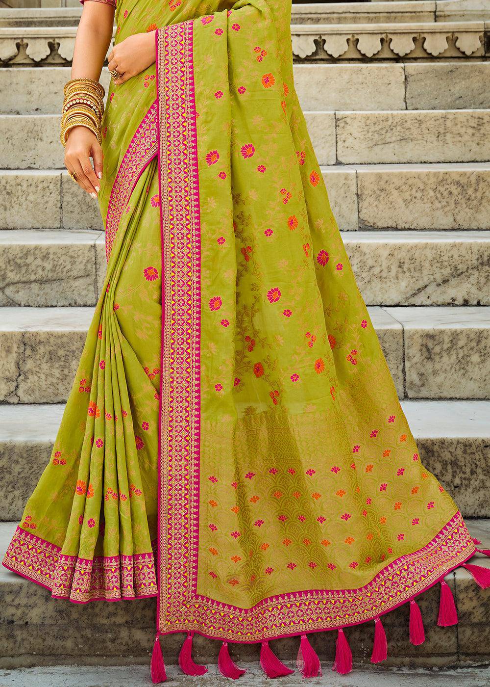 Pastel Green Woven Dola Silk Saree with Embroidered Blouse | Stitched Blouse - qivii