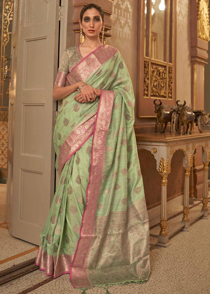 Pastel Green Zari Butta Woven Tussar Silk Saree | Stitched Blouse - qivii