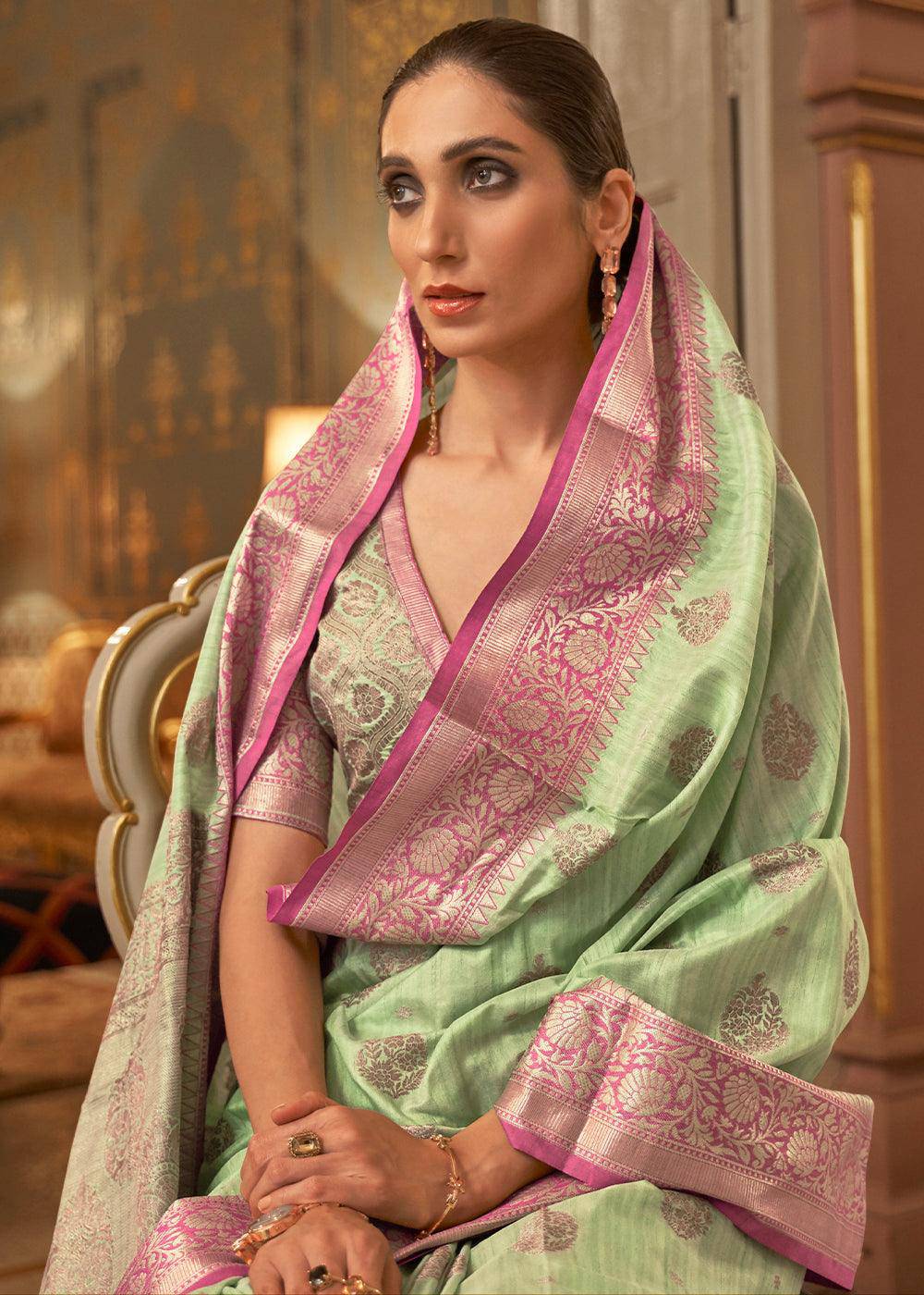 Pastel Green Zari Butta Woven Tussar Silk Saree | Stitched Blouse - qivii