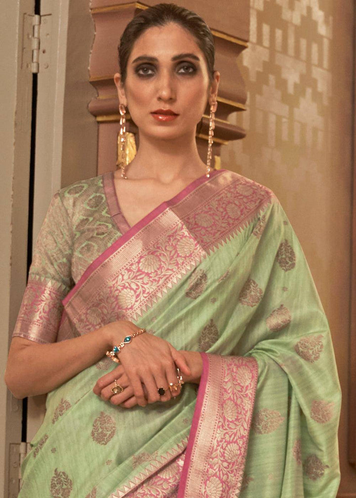 Pastel Green Zari Butta Woven Tussar Silk Saree | Stitched Blouse - qivii