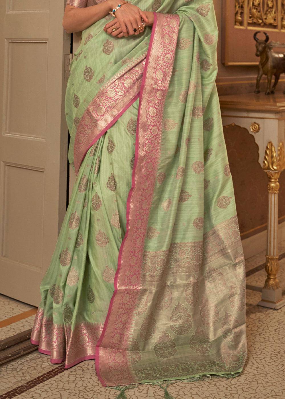 Pastel Green Zari Butta Woven Tussar Silk Saree | Stitched Blouse - qivii