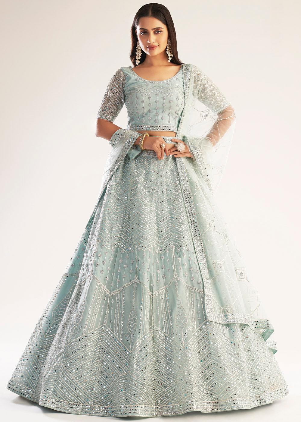 Pastel Ocean Blue Net Lehenga Choli with Gota and Zarkan work - qivii