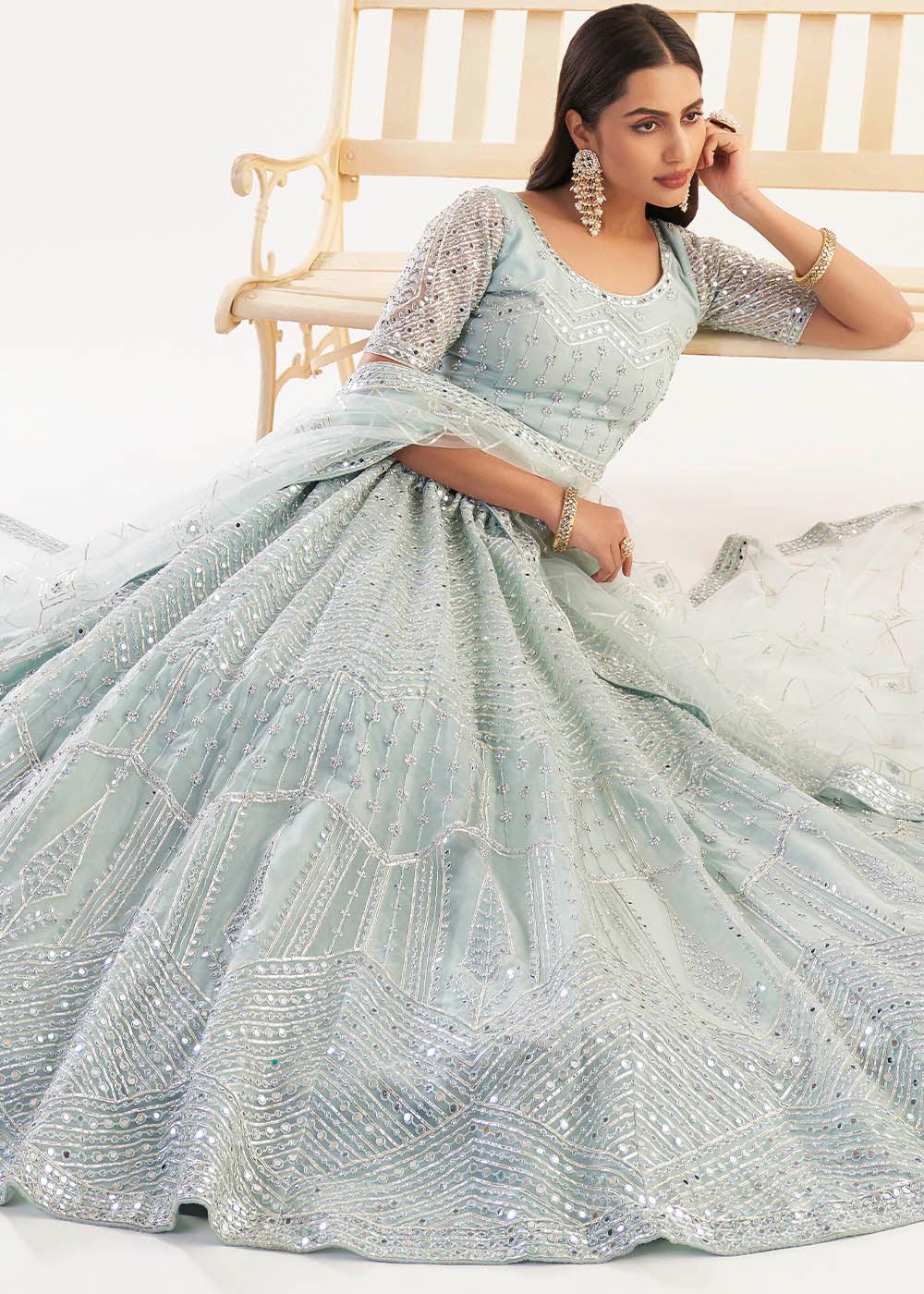 Pastel Ocean Blue Net Lehenga Choli with Gota and Zarkan work - qivii