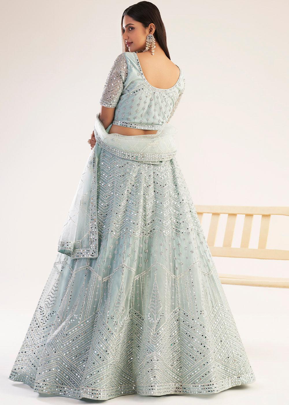 Pastel Ocean Blue Net Lehenga Choli with Gota and Zarkan work - qivii