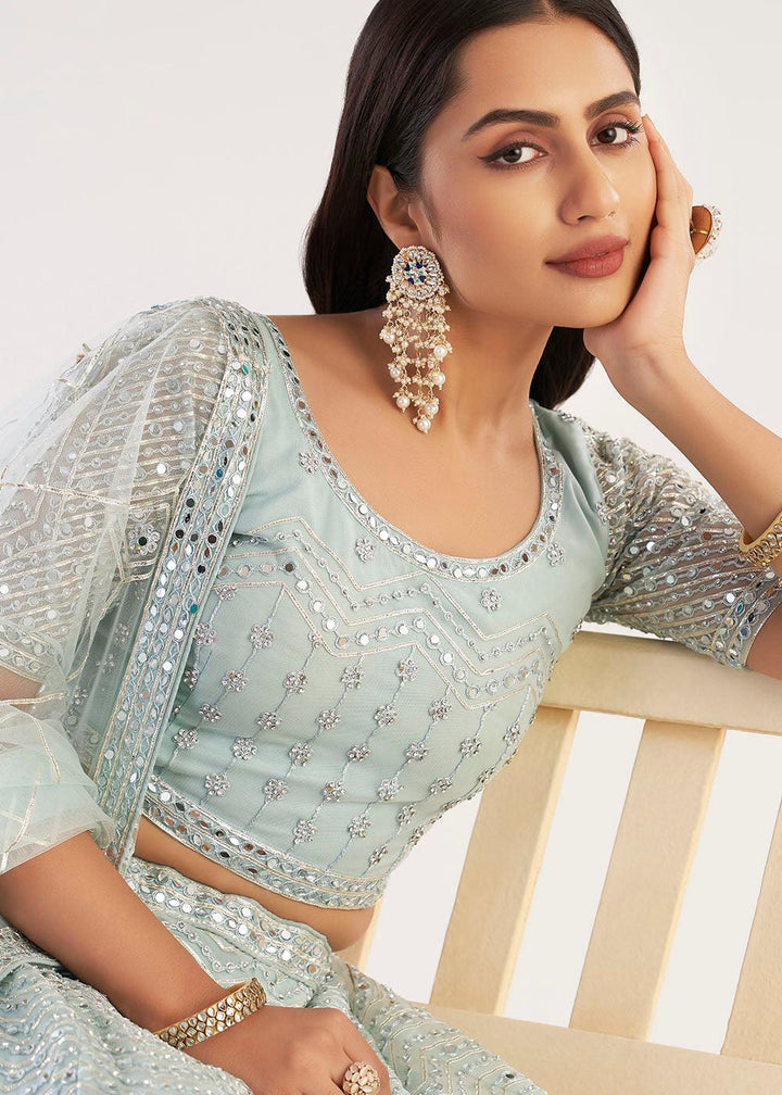 Pastel Ocean Blue Net Lehenga Choli with Gota and Zarkan work - qivii