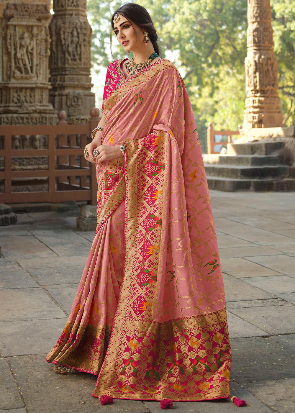 Pastel Pink Woven Banarasi Silk Saree with Embroidered Blouse | Stitched Blouse - qivii