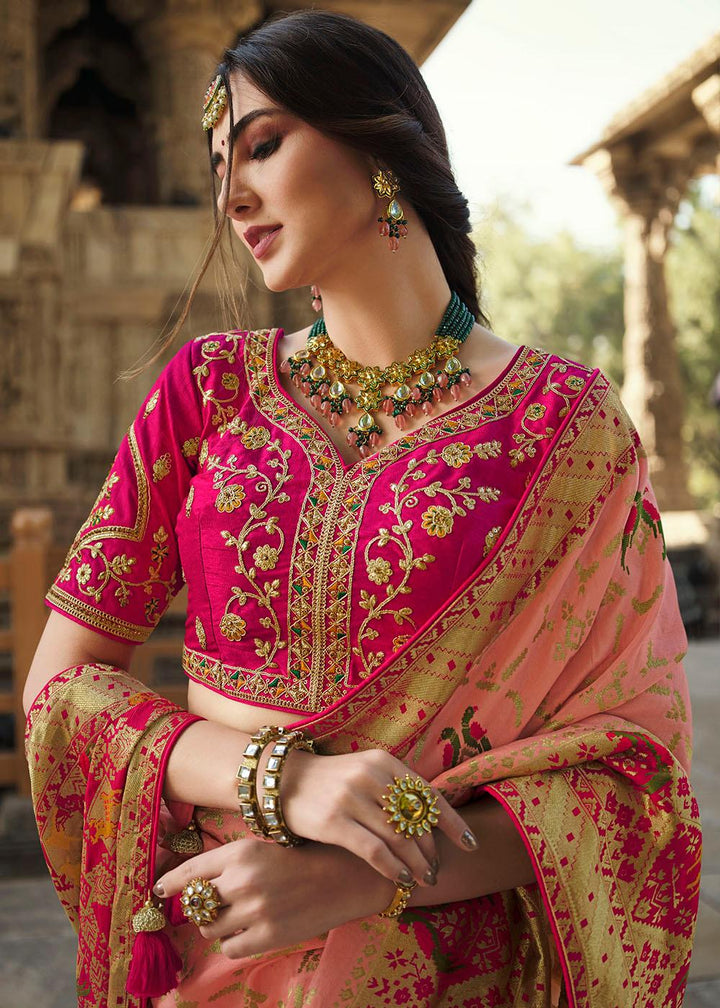 Pastel Pink Woven Banarasi Silk Saree with Embroidered Blouse | Stitched Blouse - qivii