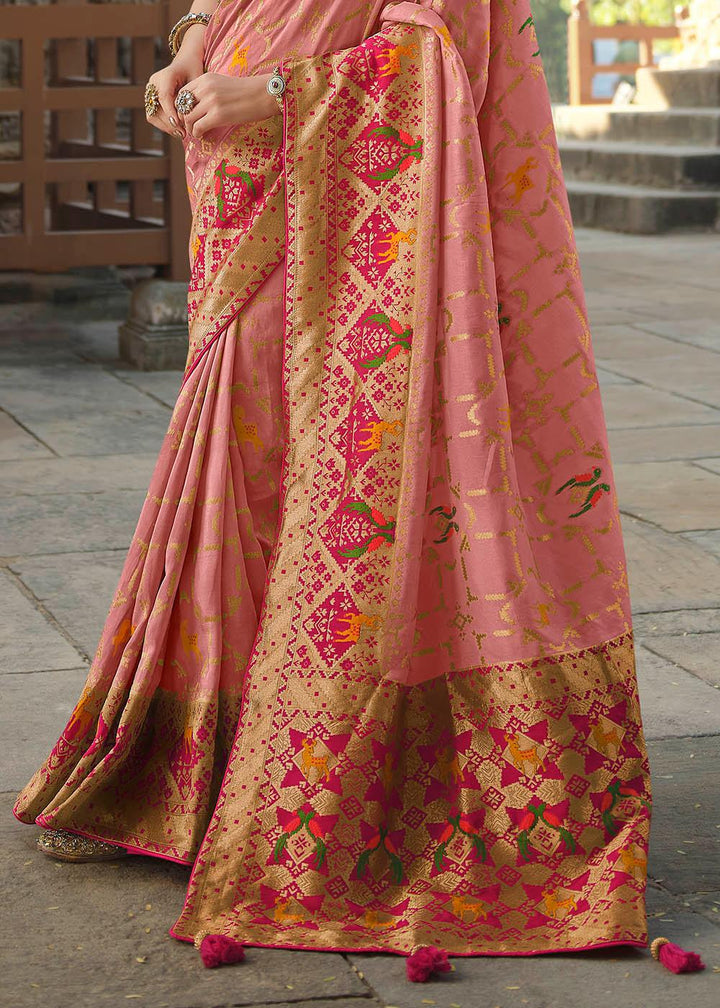 Pastel Pink Woven Banarasi Silk Saree with Embroidered Blouse | Stitched Blouse - qivii