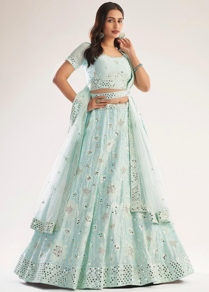 Pastel Pistachio Green Net Lehenga Choli Thread, Zari, Mirror & Zarkan work - qivii