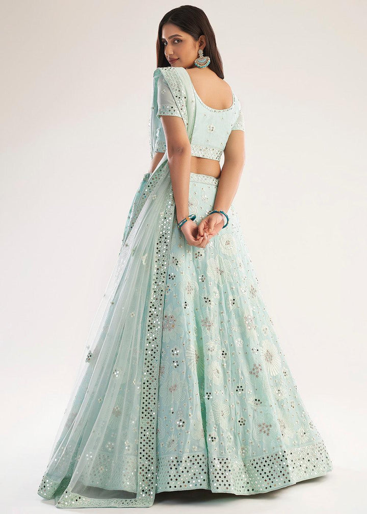 Pastel Pistachio Green Net Lehenga Choli Thread, Zari, Mirror & Zarkan work - qivii