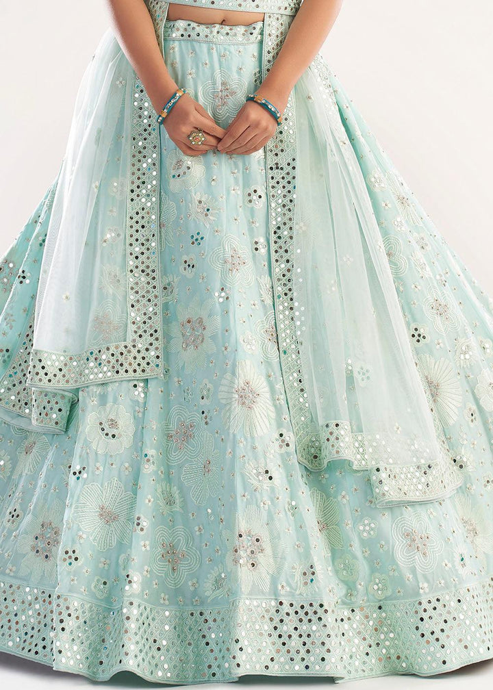 Pastel Pistachio Green Net Lehenga Choli Thread, Zari, Mirror & Zarkan work - qivii