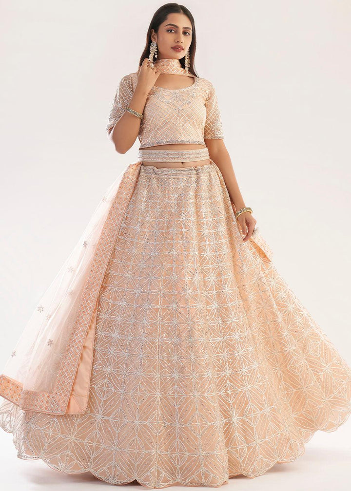 Pastel Salmon Pink Net Lehenga Choli with Gota and Zarkan work - qivii