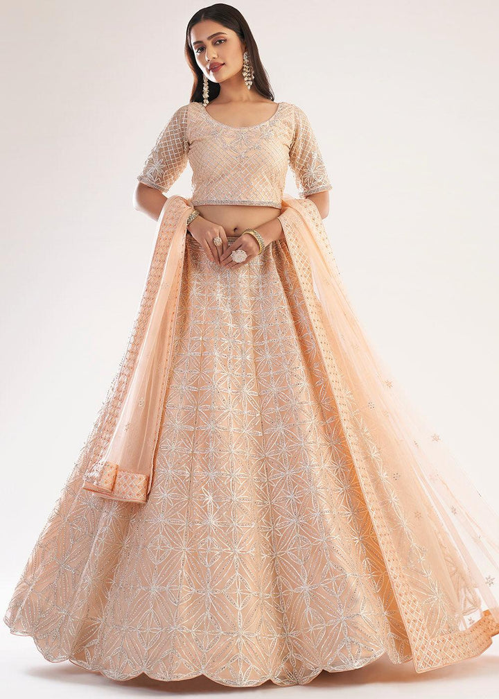 Pastel Salmon Pink Net Lehenga Choli with Gota and Zarkan work - qivii