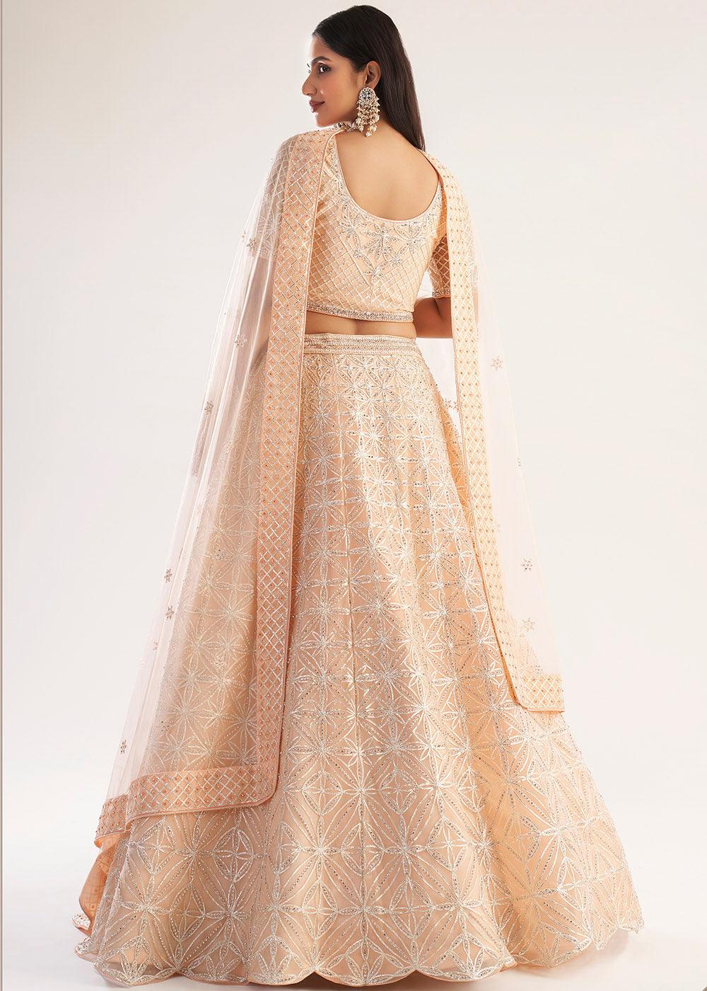 Pastel Salmon Pink Net Lehenga Choli with Gota and Zarkan work - qivii