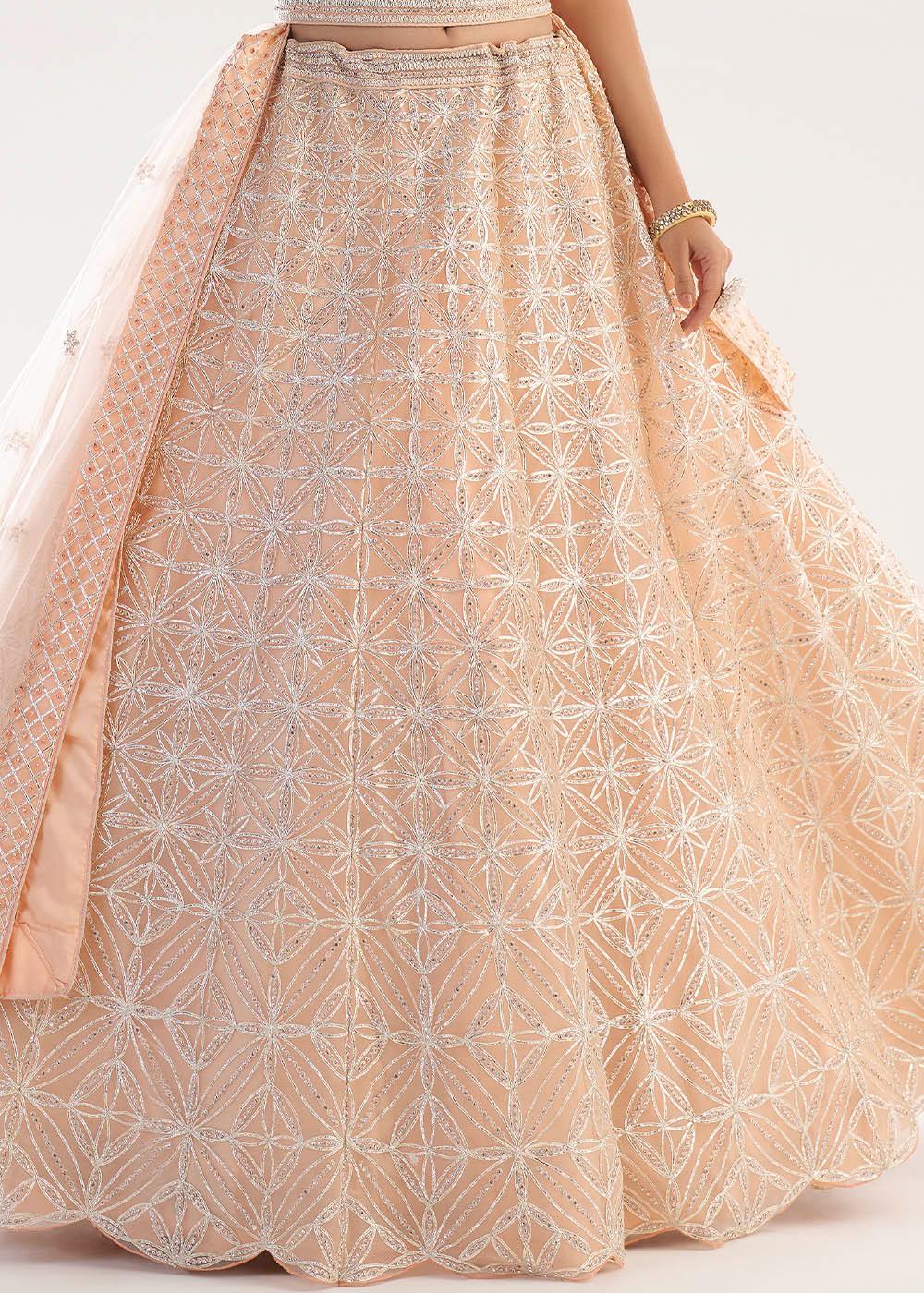 Pastel Salmon Pink Net Lehenga Choli with Gota and Zarkan work - qivii