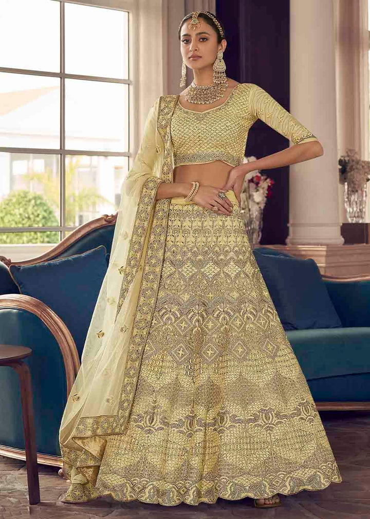 Pastel Yellow Crepe Lehenga Choli with Zarkan,Thread & Zari work - qivii