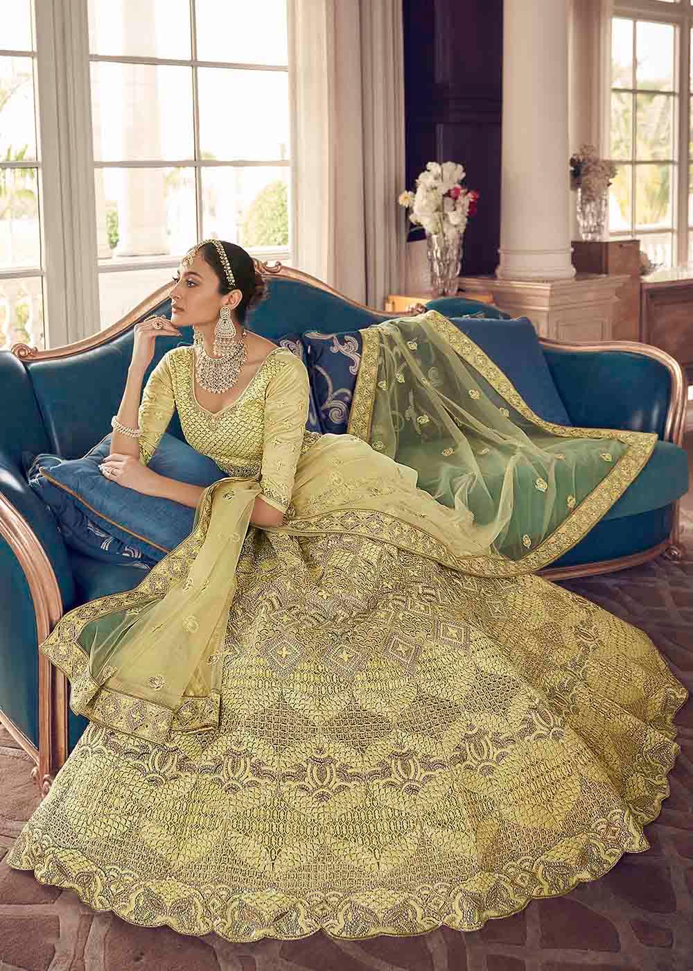 Pastel Yellow Crepe Lehenga Choli with Zarkan,Thread & Zari work - qivii