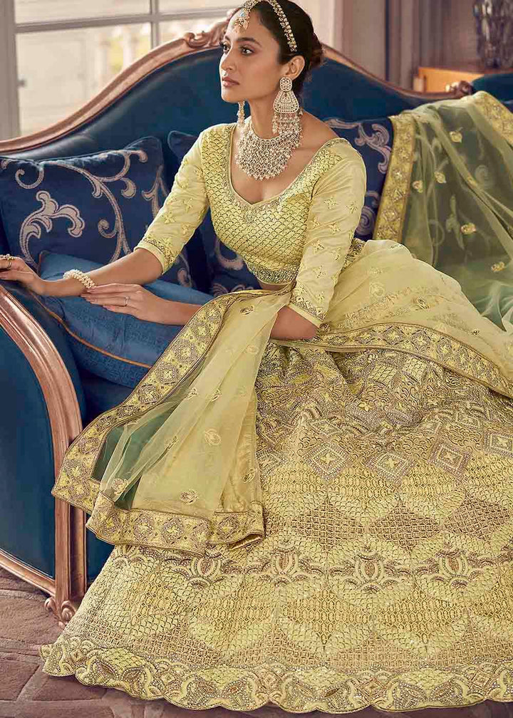 Pastel Yellow Crepe Lehenga Choli with Zarkan,Thread & Zari work - qivii